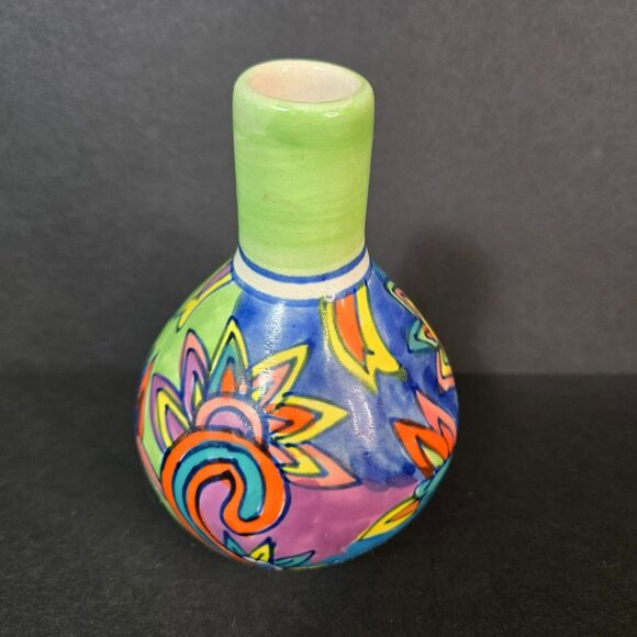 Hand-Painted Ceramic Bud Vase Green Tilted Neck Whimsical Colorful Floral Design - Picture 3 of 10